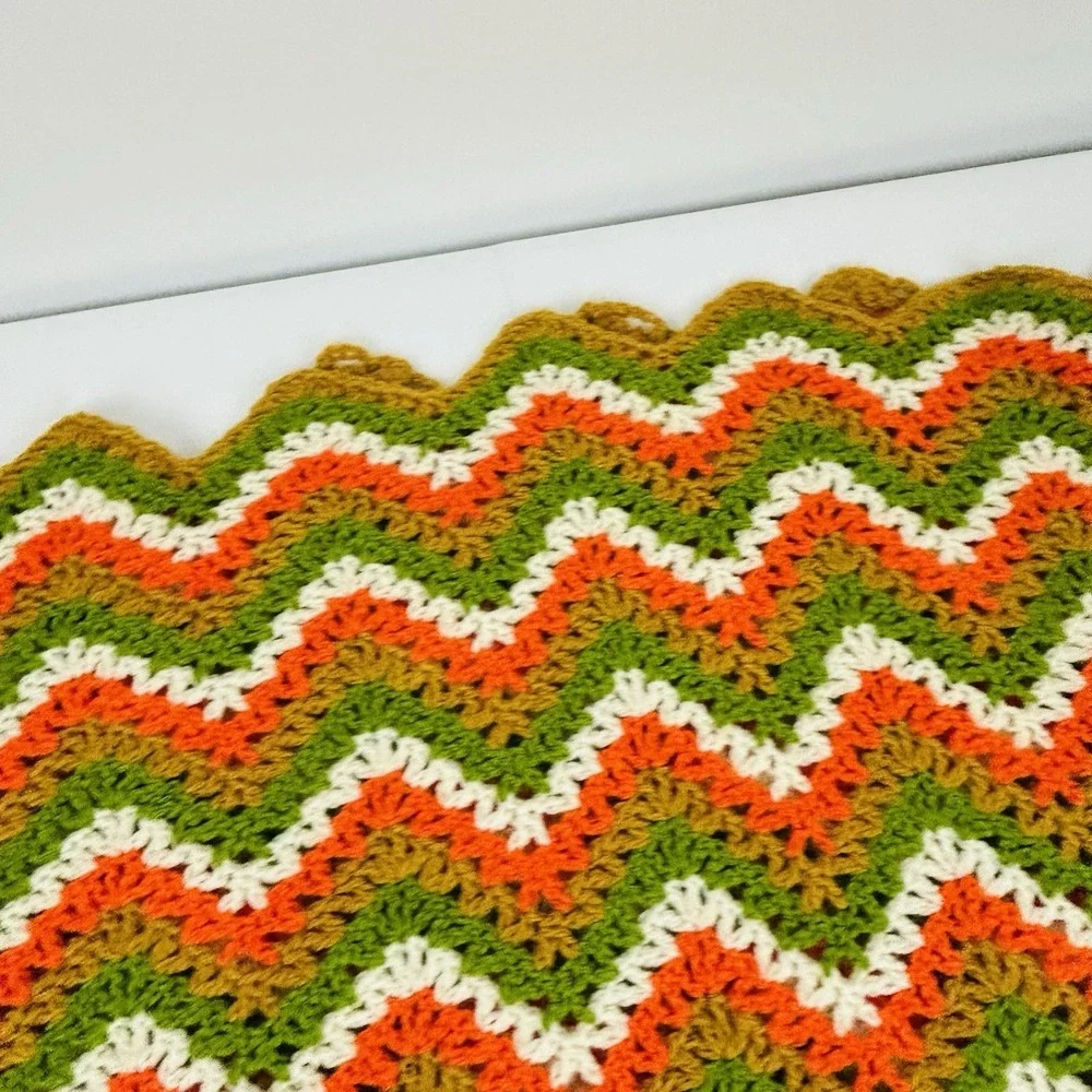 Handmade Throw Blanket Crocheted Granny Afghan Green Gold Orange White 80 x 48